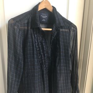 American Eagle Navy Blue and Purple Plaid Blouse